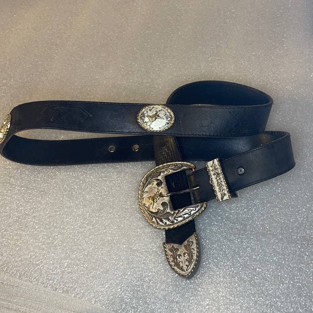 Black leather cowboy western tooled conchos silver belt 40 3D DDD